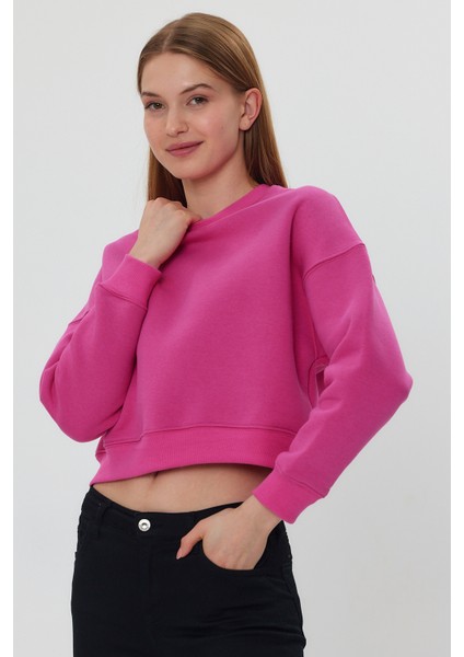 Pembe Crop Sweatshirt, Crop Sweatshirt, Kadın Sweatshirt, Bisiklet Yaka Sweatshirt