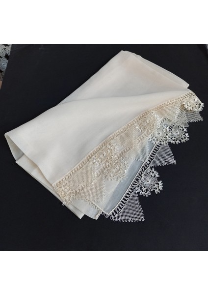 El Işi Iğne Oyası Mevlüt Başörtüsü 140 * 70 cm Boyutunda - Krem Enginar Göbek Model