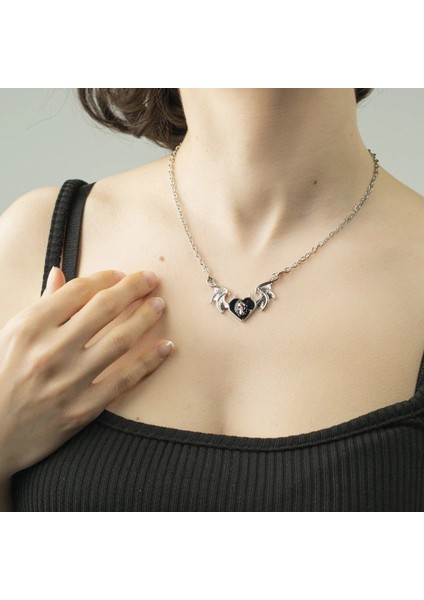 Yarasa Kanatlı Skull Heart Gotik Zincirli Kolye fiyatları
