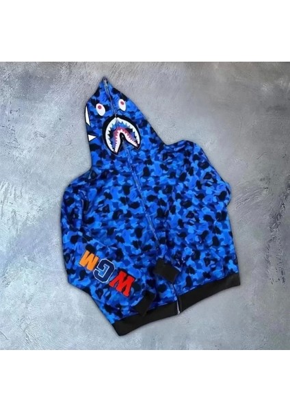 The Cool Deer Unisex 2 Iplik Bape Kapüşonu Fermuarlı Hırka - Mavi