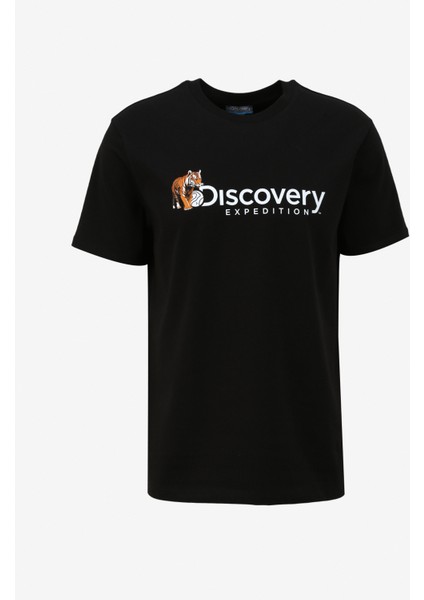 Siyah Erkek Bisiklet Yaka Basic Baskılı T-Shirt D4SM-TST3304