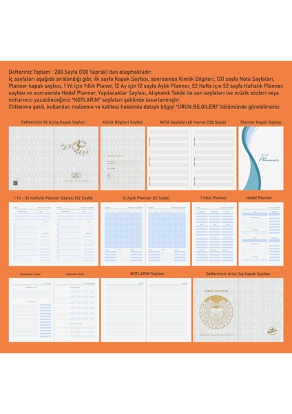 Piyano Nota Defteri (Anahtarsız Üçlü Sistem Tırnaklı) - Planner El Dikişi (A/5)