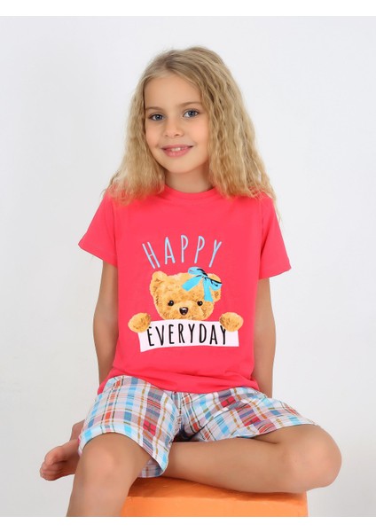 Kız Çocuk Kısa Kollu Kapri %100 Pamuklu Happy Bear Pijama Takımı