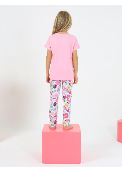Kız Çocuk Kısa Kollu %100 Pamuklu Flower Up Pijama Takımı Pembe