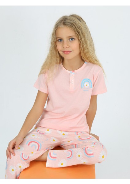 Kız Çocuk Kısa Kollu %100 Pamuklu Düğme Detaylı Rainbow Pijama Takımı Nar