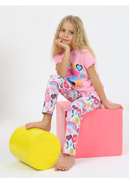 Kız Çocuk Kısa Kollu %100 Pamuklu Flower Up Pijama Takımı Pembe