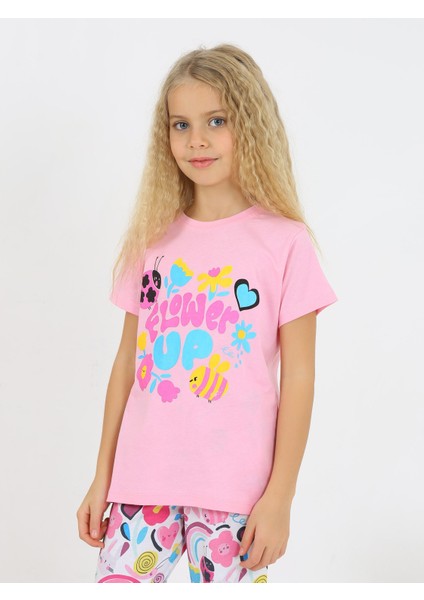 Kız Çocuk Kısa Kollu %100 Pamuklu Flower Up Pijama Takımı Pembe