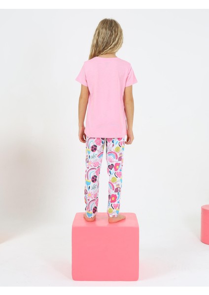 Kız Çocuk Kısa Kollu %100 Pamuklu Flower Up Pijama Takımı Pembe