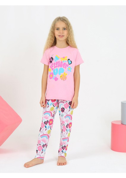 Kız Çocuk Kısa Kollu %100 Pamuklu Flower Up Pijama Takımı Pembe