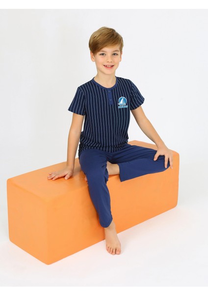 Erkek Çocuk Kısa Kollu %100 Pamuklu Düğme Detaylı Sailboat Pijama Takımı