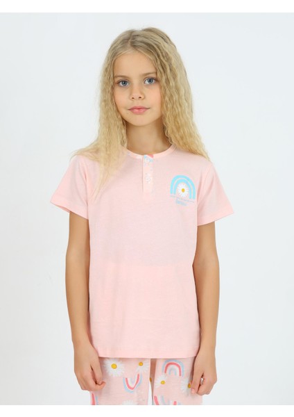 Kız Çocuk Kısa Kollu %100 Pamuklu Düğme Detaylı Rainbow Pijama Takımı Nar fiyatları