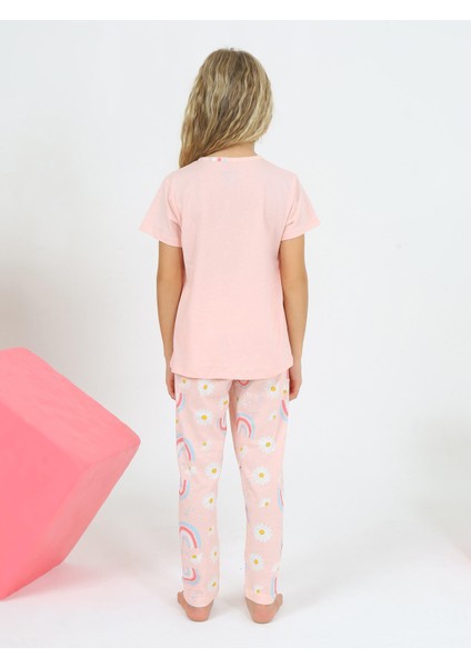 Kız Çocuk Kısa Kollu %100 Pamuklu Düğme Detaylı Rainbow Pijama Takımı Nar modelleri