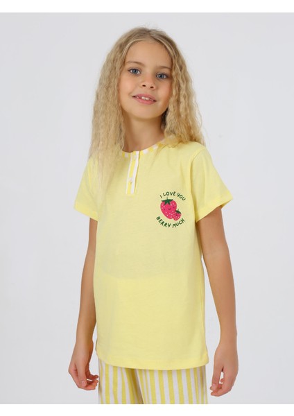 Kız Çocuk Kısa Kollu %100 Pamuklu Strawberry Pijama Takımı Sarı