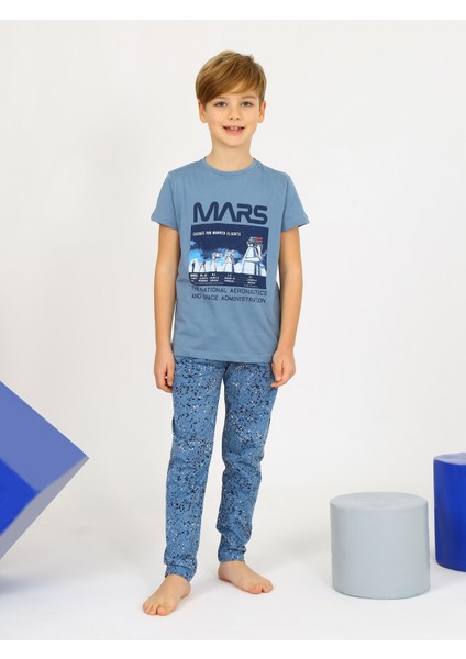 Erkek Çocuk Kısa Kollu %100 Pamuklu Mars Space Pijama Takımı Indigo
