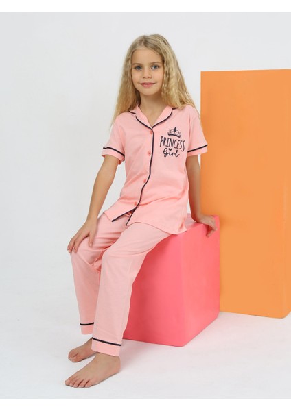 Kız Çocuk Kısa Kollu %100 Pamuklu Düğmeli Pijama Takımı Princess