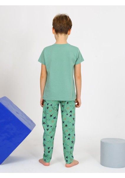 Erkek Çocuk Kısa Kollu %100 Pamuklu Flight Pijama Takımı Mavi