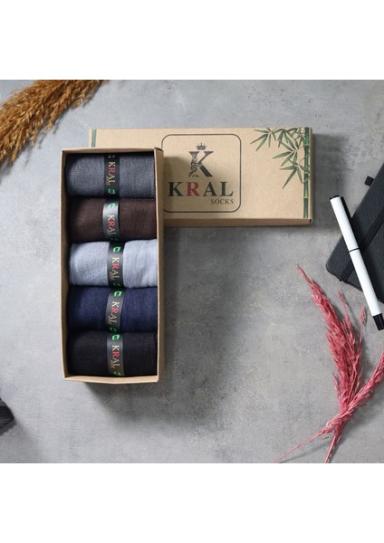 Kral Socks Bambu Erkek Çorap Klasik Soket Düz Uzun Yazlık Dikişsiz 5'Li Kutulu Premium Set