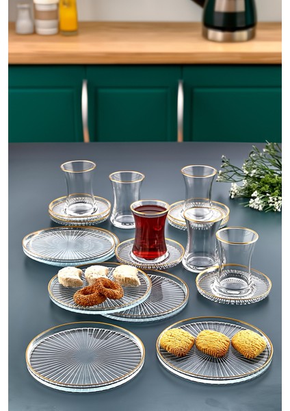 18 Parça Gold Yaldızlı Çay Takımı Seti - Pasta Tabağı, Çay Bardağı, Çay Tabağı