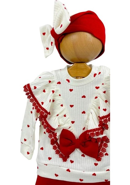 Kız Bebek Alt Üst Takım 3'lü Kalpli Dantelli Bandana fiyatları