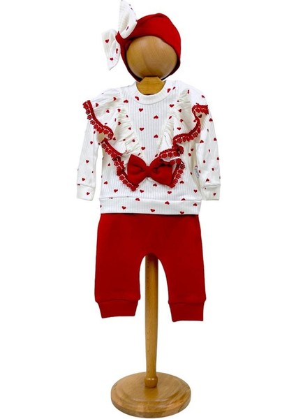 Kız Bebek Alt Üst Takım 3'lü Kalpli Dantelli Bandana modelleri