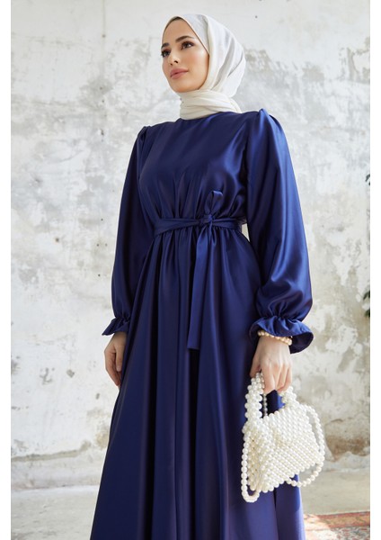 Liza Kuşaklı Saten Elbise - Indigo fiyatları