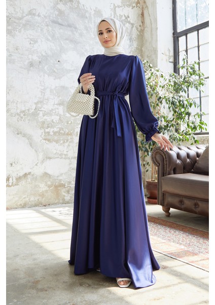 Liza Kuşaklı Saten Elbise - Indigo fırsatları