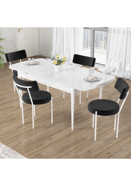 Puka Serisi 80X132 Açılabilir Beyaz Mutfak Masası Takımı 4 Sandalye