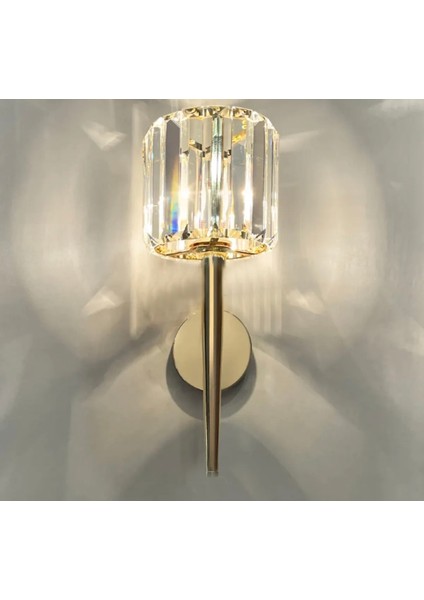 Modern Kristal Taşlı Kablosuz Pilli Aplik Aç Kapa Butonlu Gold Sarı