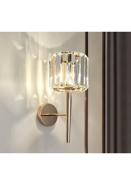 Modern Kristal Taşlı Kablosuz Pilli Aplik Aç Kapa Butonlu Gold Sarı