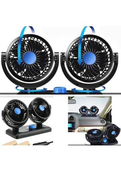 12 Volt Araç Içi Torpido Üstü Çift Fanlı Oto Vantilatör 360° Dönebilir