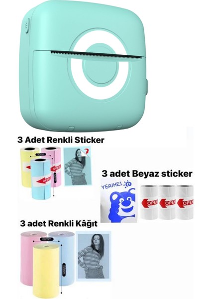 Mini Cep Termal Yazıcı Mavi, 3adet Beyaz, 3adet Renkli Sticker, 3adet Renkli Rulo Hediiye