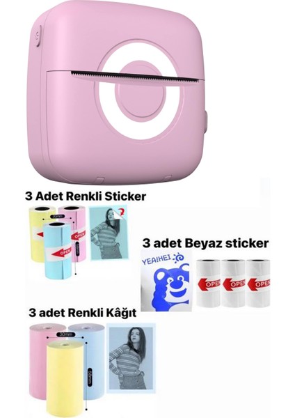 Mini Cep Termal Yazıcı Pembe, 3adet Beyaz, 3adet Renkli Sticker, 3adet Renkli Rulo Hediiye