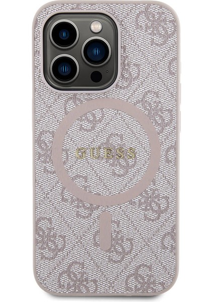 iPhone 14 Pro Max Uyumlu Kılıf Guess Lisanslı Magsafe Özellikli 4g Desenli Yazı Logolu Kapak Pembe