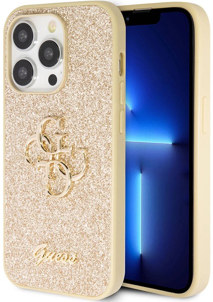 iPhone 14 Pro Max Uyumlu Kılıf Guess Orjinal Lisanslı 4g Büyük Metal Logolu Glitter Kapak Gold