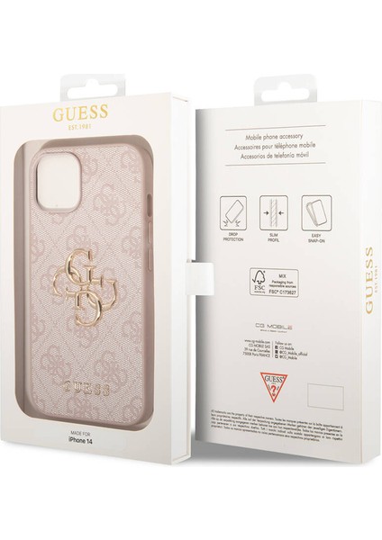 iPhone 14 Uyumlu Kılıf Guess Pu Deri Büyük Metal Logo Dizaynlı Kapak Pembe