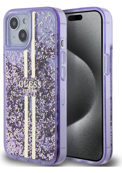 iPhone 15 Uyumlu Kılıf Guess Orjinal Lisanslı Transparan Sıvılı Simli Altın Çizgili Kapak Mor