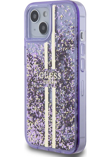 iPhone 15 Uyumlu Kılıf Guess Orjinal Lisanslı Transparan Sıvılı Simli Altın Çizgili Kapak Mor fiyatları
