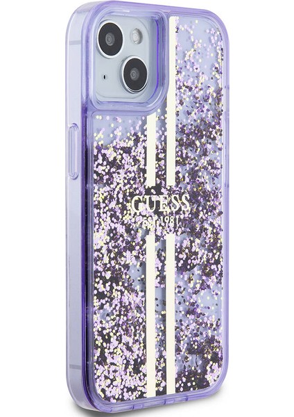 iPhone 15 Uyumlu Kılıf Guess Orjinal Lisanslı Transparan Sıvılı Simli Altın Çizgili Kapak Mor modelleri