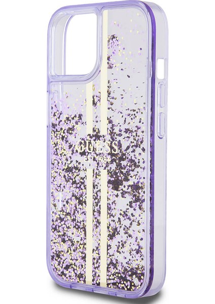 iPhone 15 Uyumlu Kılıf Guess Orjinal Lisanslı Transparan Sıvılı Simli Altın Çizgili Kapak Mor fırsatları