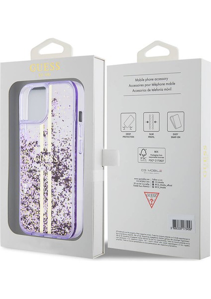 iPhone 15 Uyumlu Kılıf Guess Orjinal Lisanslı Transparan Sıvılı Simli Altın Çizgili Kapak Mor indirimleri