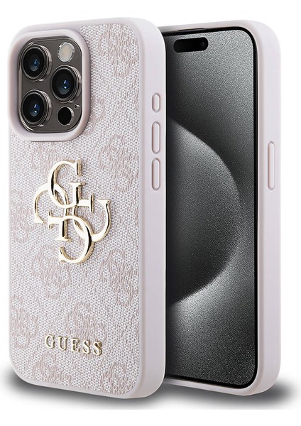 iPhone 15 Pro Uyumlu Kılıf Guess Lisanslı Pu Deri Yazı ve 4g Metal Logolu Desenli Kapak Pembe