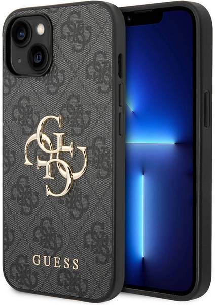 iPhone 14 Uyumlu Kılıf Guess Pu Deri Büyük Metal Logo Dizaynlı Kapak Gri