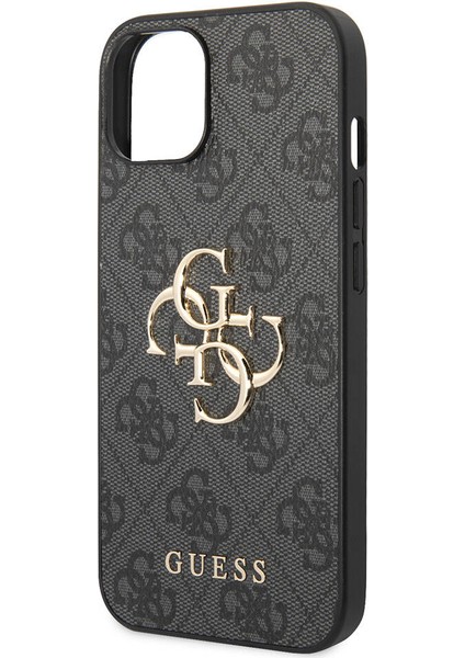 iPhone 14 Uyumlu Kılıf Guess Pu Deri Büyük Metal Logo Dizaynlı Kapak Gri