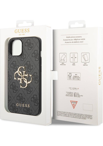 iPhone 14 Uyumlu Kılıf Guess Pu Deri Büyük Metal Logo Dizaynlı Kapak Gri