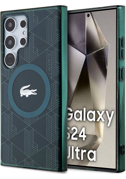 Galaxy S24 Ultra Kılıf Lacoste Lisanslı Magsafe Özellikli Timsah Logolu Blend Monogram Koyu Yeşil