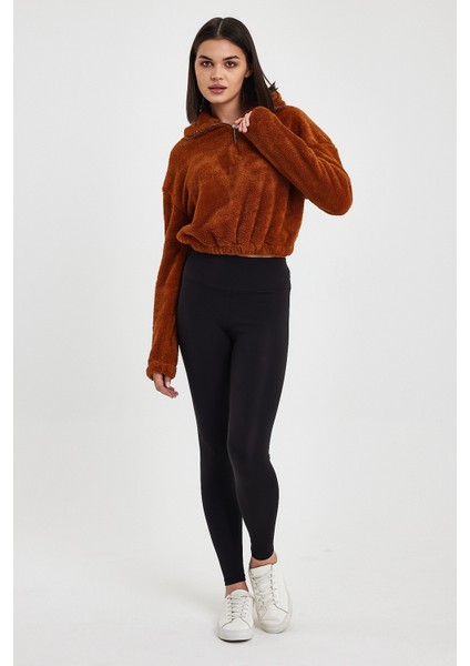 Kahverengi Crop Sweatshirt, Peluş Sweatshirt, Kadın Sweatshirt, Fermuarlı Yaka Sweatshirt