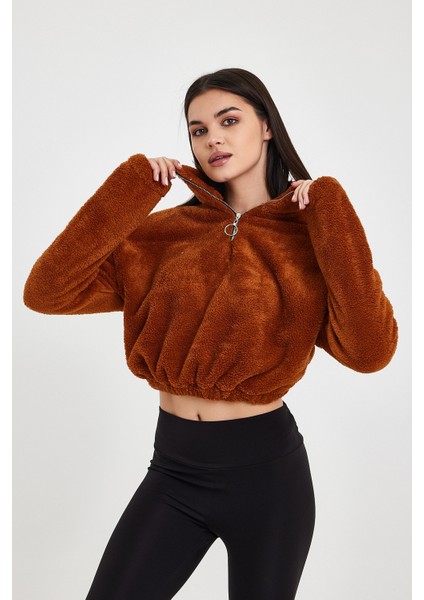 Kahverengi Crop Sweatshirt, Peluş Sweatshirt, Kadın Sweatshirt, Fermuarlı Yaka Sweatshirt fiyatları