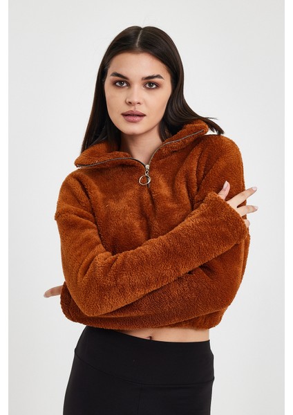 Kahverengi Crop Sweatshirt, Peluş Sweatshirt, Kadın Sweatshirt, Fermuarlı Yaka Sweatshirt modelleri
