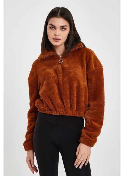 Kahverengi Crop Sweatshirt, Peluş Sweatshirt, Kadın Sweatshirt, Fermuarlı Yaka Sweatshirt fırsatları