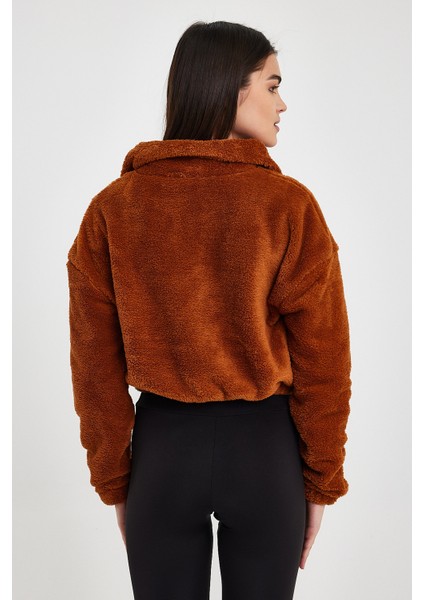Kahverengi Crop Sweatshirt, Peluş Sweatshirt, Kadın Sweatshirt, Fermuarlı Yaka Sweatshirt indirimleri